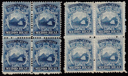 N° 1, 1/2 réal bleu, 2 blocs de 4, les 2 tirages, T.B