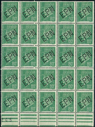 N° 513a, 80c Pétain perforé Expo Nancy, Bloc de 25 ex. avec cachet ...