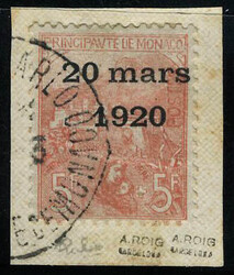 N° 43, 5 + 5F surchargé 20 mars 1920, OBL sur fragment, TB, signé ...