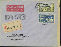 N° 14, 1F50 noir et jaune olive + N° 18 sur LR de Brazzaville 22 ...