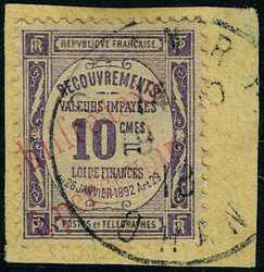N° 1, 10c violet surcharge carmin, OBL s/fgt, TB, signé Brun
