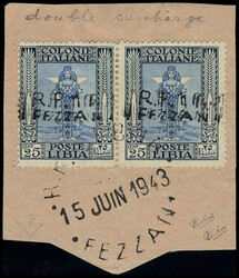 N° 19a, 1F s/25c bleu double surcharge en paire horizontale, OBL ...