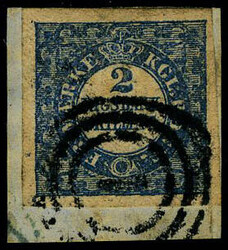 N° 1, 2s bleu obl. s/frgt, grandes marges, Superbe