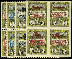 N° 12 et 13, 5c, 4 Blocs de 4 surcharges bleue ou rouge complet, TB