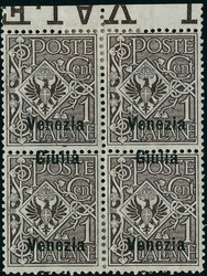 N°19, 1c bloc de 4 dont 2 ex. surcharge VENEZIA seule, TB (Sassone ...