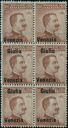 N°23, 20c orange, bloc de 6, 2 ex. surcharge VENEZIA seule, les 4 ...