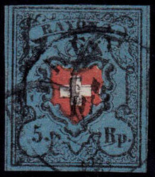 N° 18, 5 Rp bleu noir et rouge, TB, signé Brun + Moser