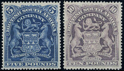 N° 72 +N°73, 5£ bleu et 10£ violet-brun, TB, cert. Brun