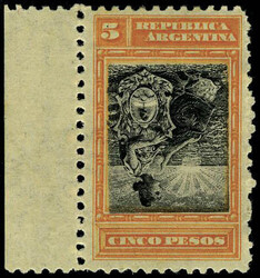 N° 128a, 5 Pesos orange et noir, centre renversé BdF, Rare, TB