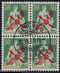 1919, 50 Rp. mit Propelleraufdruck, Viererblock mit Zentrumstempel ...