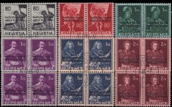 1950, Historische Bilder, 80 C. bis 2 Fr., 6 Viererblocks mit ...