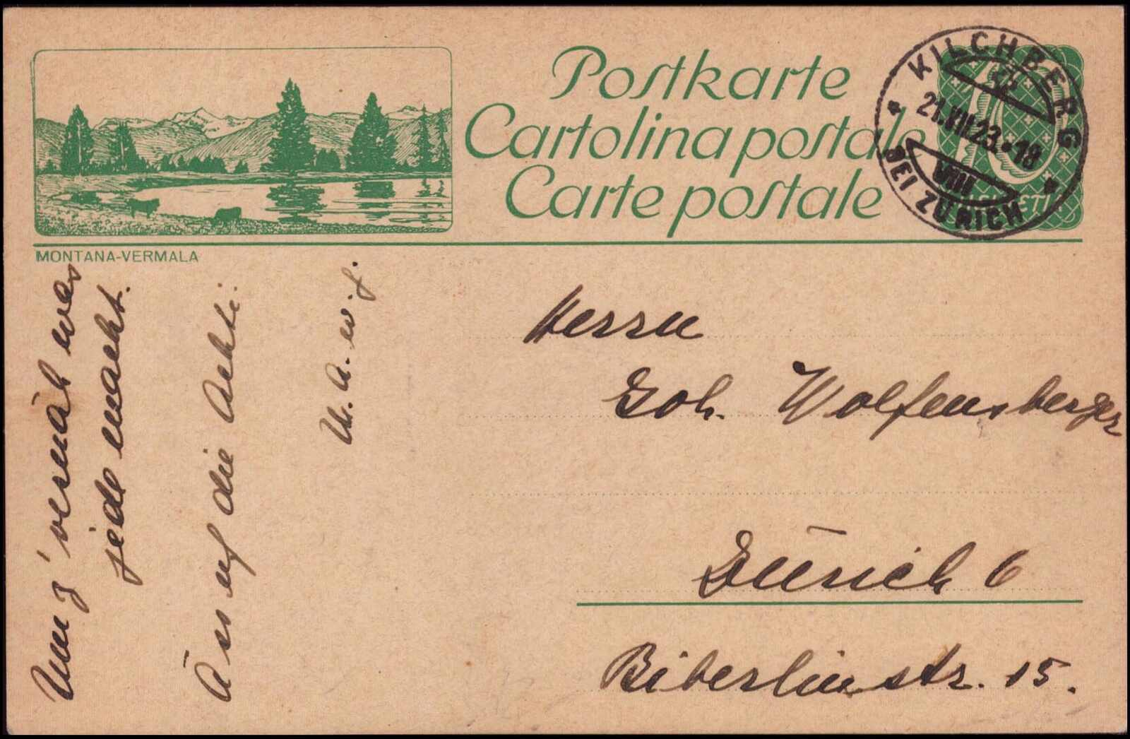 10 Rp.-Postkarte mit Bild "Montana-Vermala" entwertet KILCHBERG 21 ...