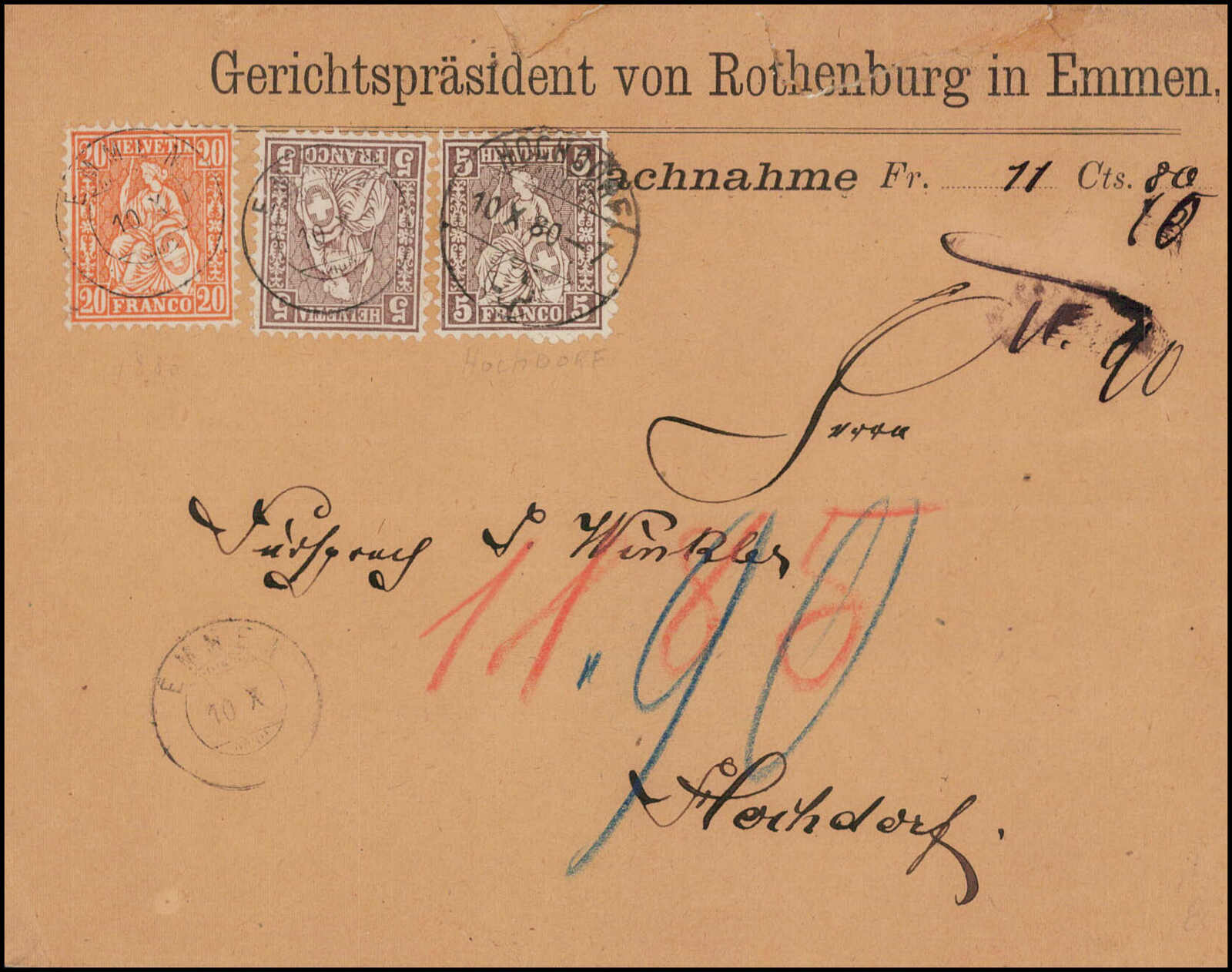 EMMEN, 10.X., schöner Zwergstempel auf 5 Rp. und 20 Rp., Sitzende ...