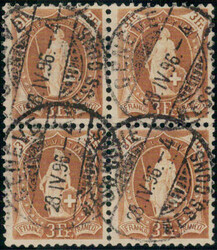 3 Fr., olivbraun, vorschriftsmässig gestempelt GENEVE 28.IV.96 ...