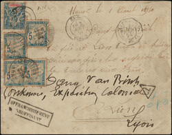 15 C.-Frankatur, Stempel HA-NOI 2 AOUT 94, nach LYON adressiert und ...
