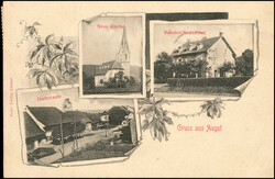 AUGST, Foto-AK mit 3 Bildern: Neue Kirche, Bahnhof-Restaurant und ...