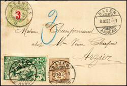 12 Rp.-Mischfrankatur, 2 Rp. Ziffermuster und 5 Rp. UPU (ein kurzer ...