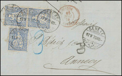 90 Rp.-Mehrfach-Frankatur, 3 Stück 30 Rp. ultramarin auf schönem ...