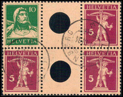 10 + 5 Rp. grün und rotlila, Tellbrustbild/Tellknabe sowie 5 + 5 Rp. ...