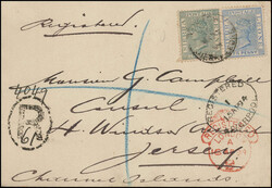 1894, 4 1/2 P.-Frankatur, auf schönem R-Brief nach JERSEY, Chanel ...