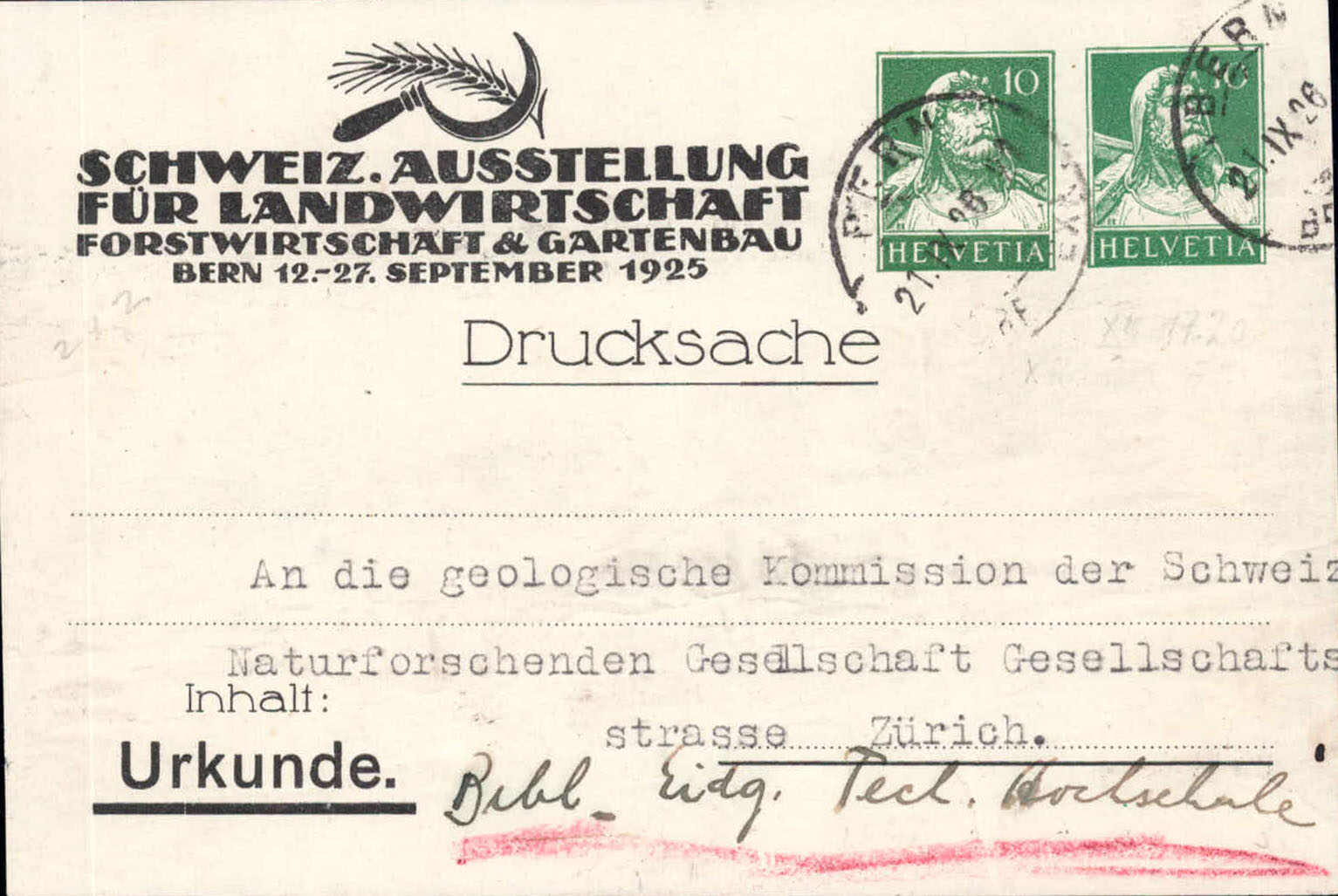 1926, 10+10Rp. Tell grün auf Klebezettel der Schweiz. Ausstellung ...