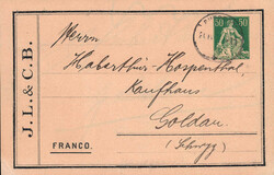 50Rp. Helvetia mit Schwert, Klebezettel der J.L. & C.B., Burgdorf ...