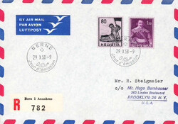 1958, 80Rp. + 1.20Fr. hist. Bilder, FDC BERNE mit Luftpost nach USA ...