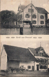 1915, "Gruß aus Oberwil", s/w Lichtdruckkarte mit zwei Ansichten vom ...