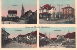 ca. 1915, "Gruss aus Therwil", farbige Lichtdruckkarte mit vier ...
