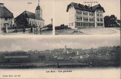ca. 1915, "Les Bois", s/w Lichtdruckkarte mit drei Ansichten: Kirche, ...