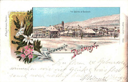 1900, "Souvenir de Delémont", farbige Lithokarte, Winteransicht mit ...