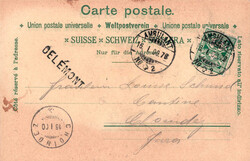 1900, "Souvenir de Delémont", farbige Lithokarte, Winteransicht mit ...