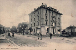 1907, "Banque populaire, Porrentruy", s/w Lichtdruckkarte, belebte ...