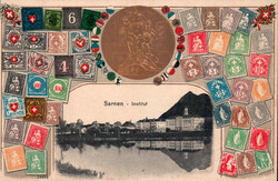 1908, "Sarnen - Institut", s/w Lichtdruckbild auf farbige Prägekarte ...