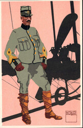 Thema Militär: Militärpilot mit Flugzeug, farbige Künstlerkarte ...