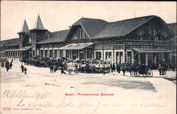 1905, "Basel - Provisorischer Bahnhof", s/w Fotokarte, sehr belebte ...