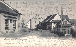 1908, "Gruss aus Bottmingen", s/w Lichtdruckkarte, passend gest. ...