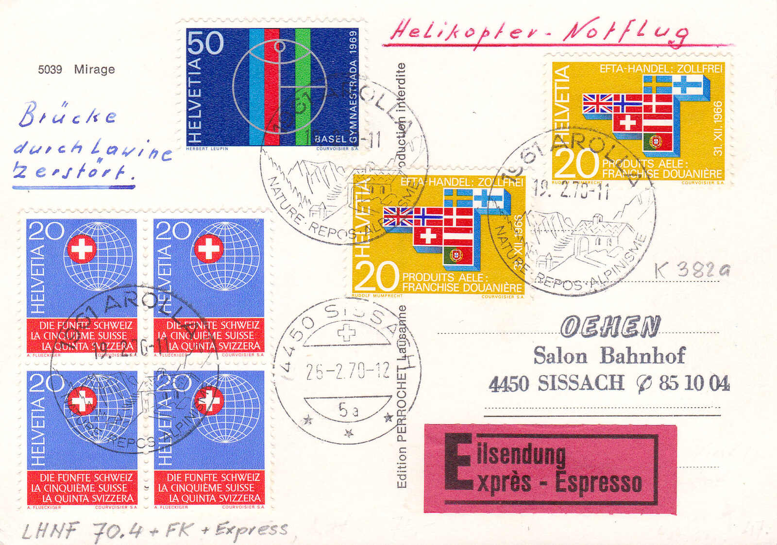 1978, "Heli-Notflug" Lawinenniedergang, mit Werbe-/Kurortstempel ...