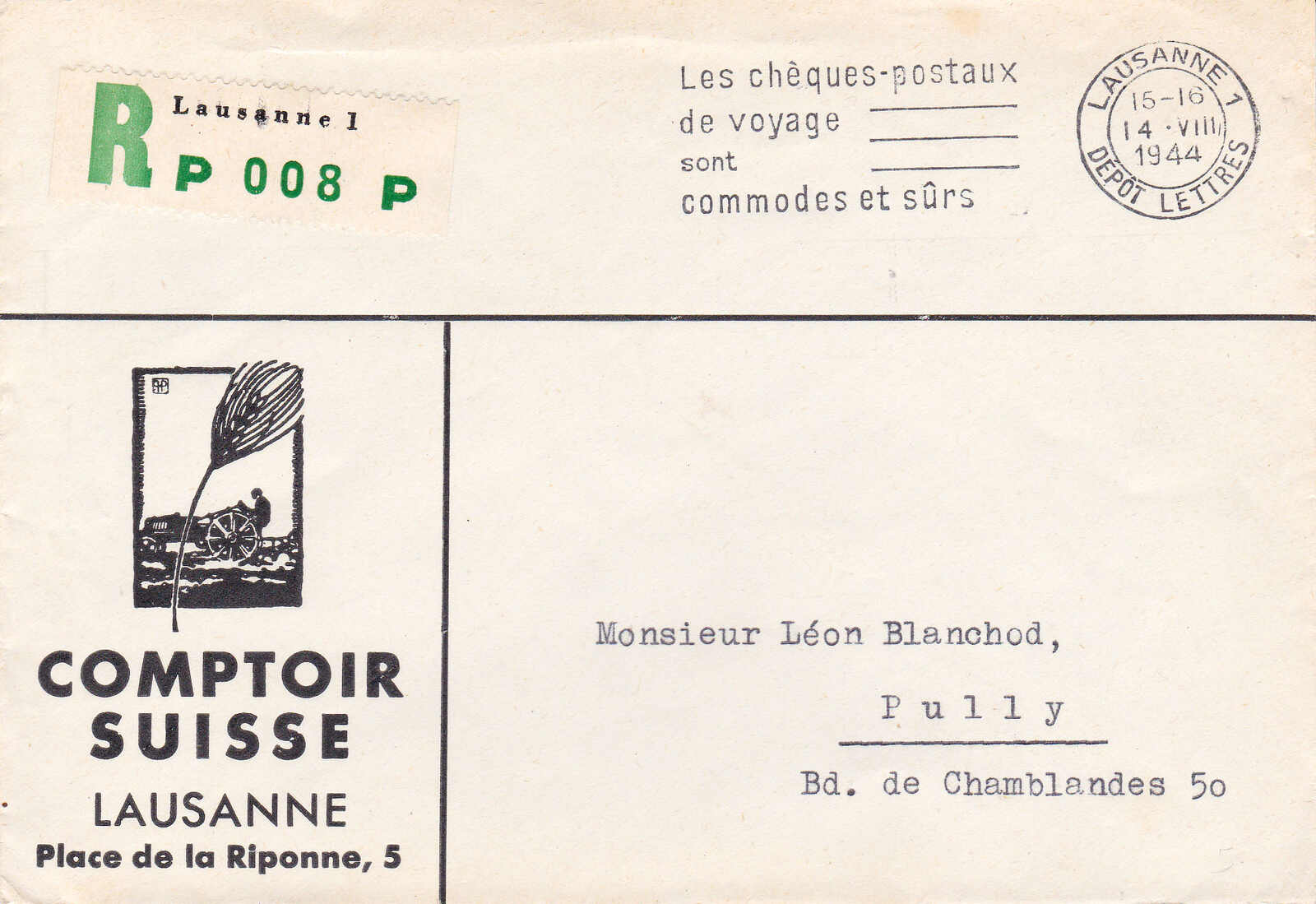 1944, "Comptoir Suisse - Lausanne", R-Barfrankierung mit grünem ...