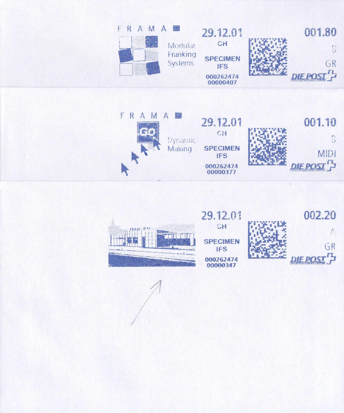 2001, Freistempel-Aufdruck, 3 versch. Frama-Versuchsstempel ...