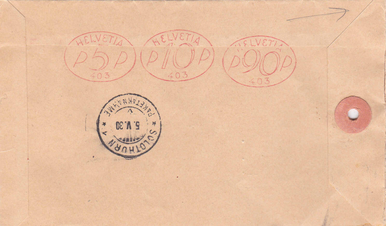 1930, 1.05Fr.-NN-Fakturaumschlag mit rücks. Freistempel-Frankatur ...