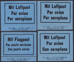um 1930, "Mit Flugpost/Luftpost", 4 versch. Etiketten, je mit ...