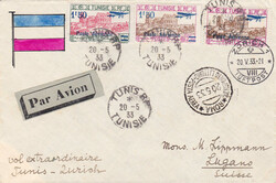 1933, Mittelholzer-Flug ab Tunis (20.V.33) nach Zürich (AK-Stempel). ...