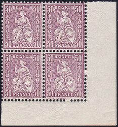 1867, 50Rp. lila Viererblock, feinst vom Bogeneckrand, tadellos ...