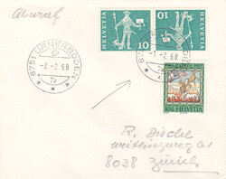 1968, Rundstempel "Urnerboden 2.2.68", Lawinenpost mit "Heli". ...