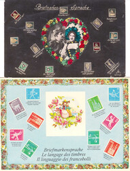 1915/70, "Briefmarken-Sprache", 3 versch. bunte Karten mit attr. ...