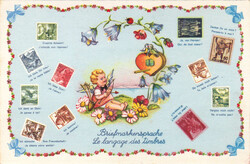 1915/70, "Briefmarken-Sprache", 3 versch. bunte Karten mit attr. ...