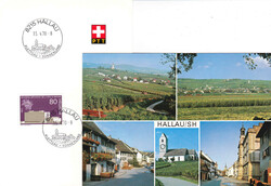 um 1970, Hallau, frühe vollfarbige Foto-AK, dazu PTT-Faltblatt mit ...
