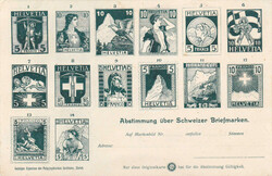 1908, "Abstimmung über Schweizer Briefmarken" mit 14 versch. ...