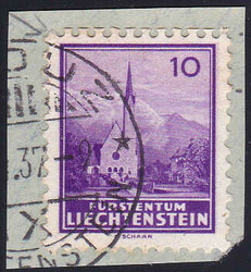 1937, 10Rp. Kirche Schaan, auf Briefstück mit Klebestelle oben.